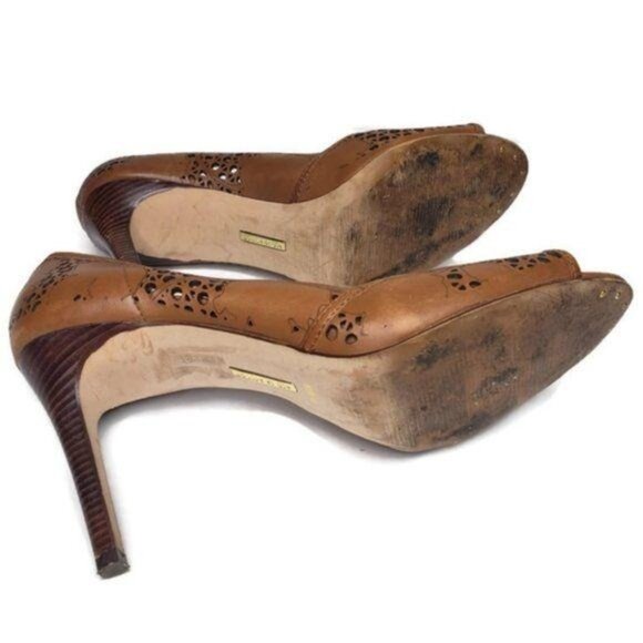 Louise Et Cie Gretel Brown cognac Leather laser Cutout Peep Toe Heels Size 10M - Picture 7 of 8